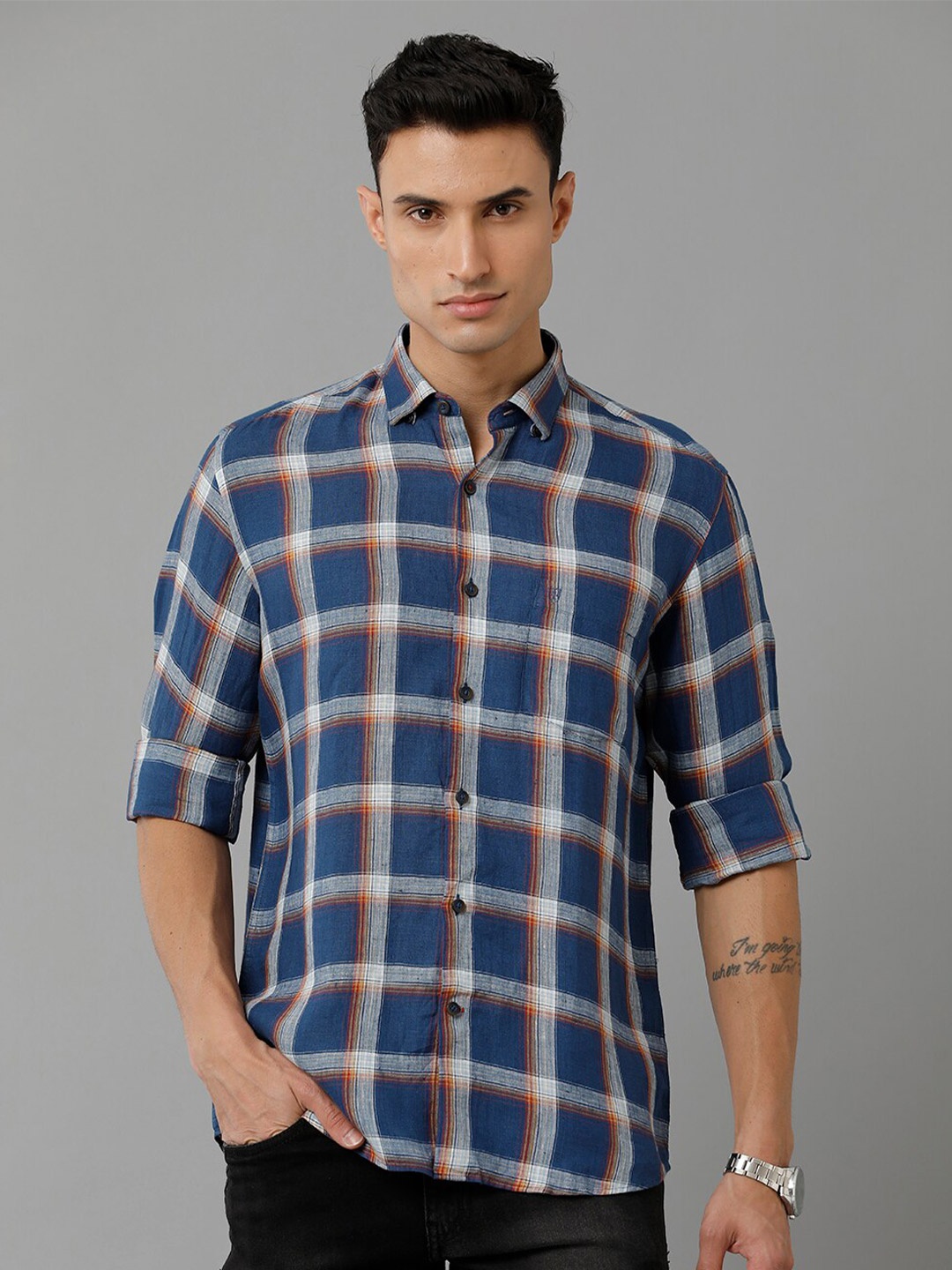 

Linen Club Tartan Checked Pure Linen Casual Shirt, Blue