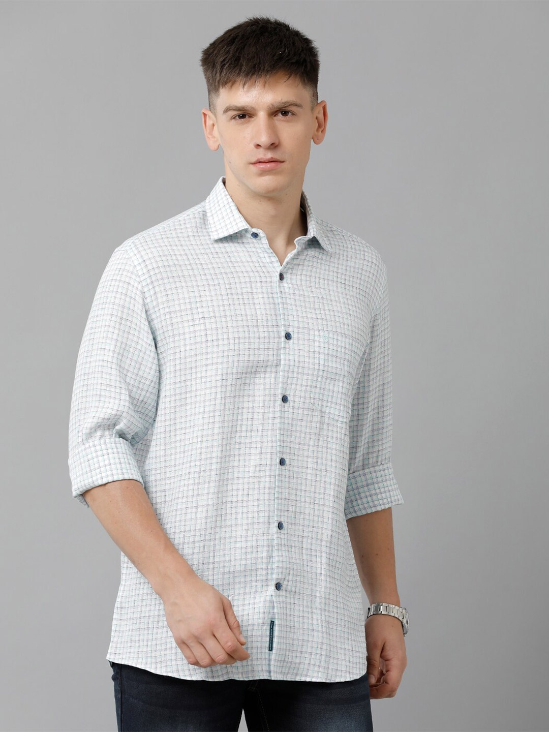 

Linen Club Grid Tattersall Checked Pure Linen Casual Shirt, Blue