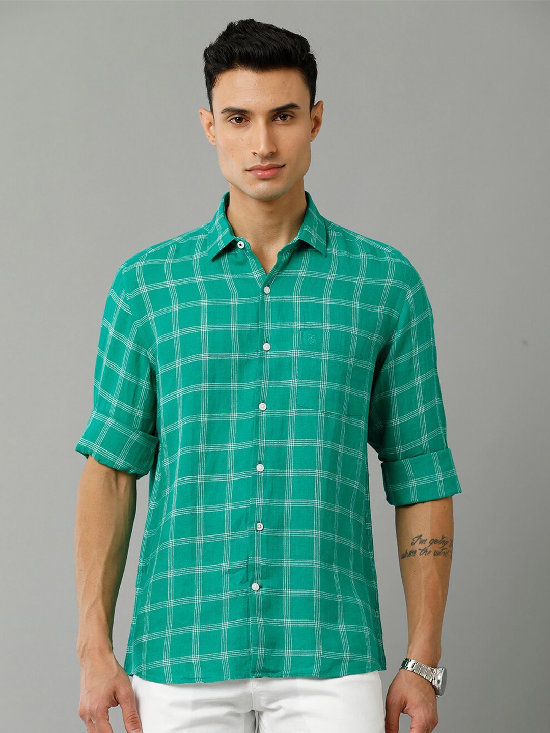 

Linen Club Opaque Checked Casual Shirt, Green