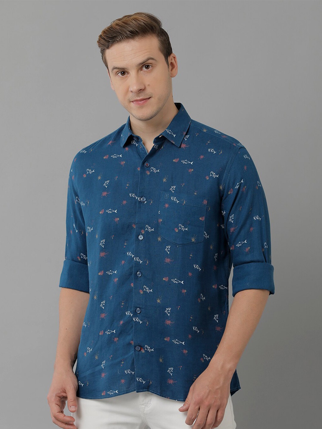 

Linen Club Conversational Printed Pure Linen Casual Shirt, Blue