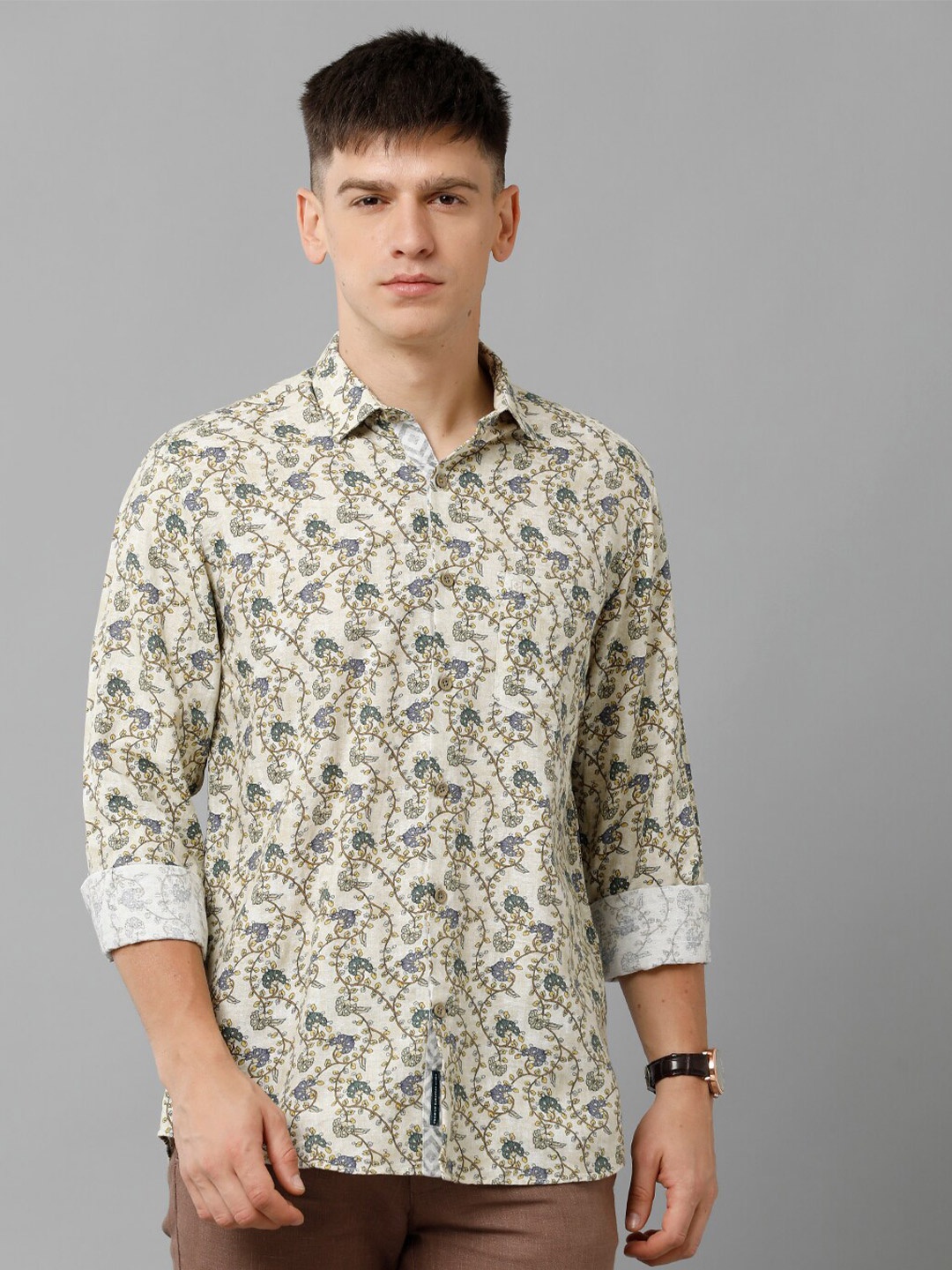 

Linen Club Floral Printed Pure Linen Casual Shirt, Cream