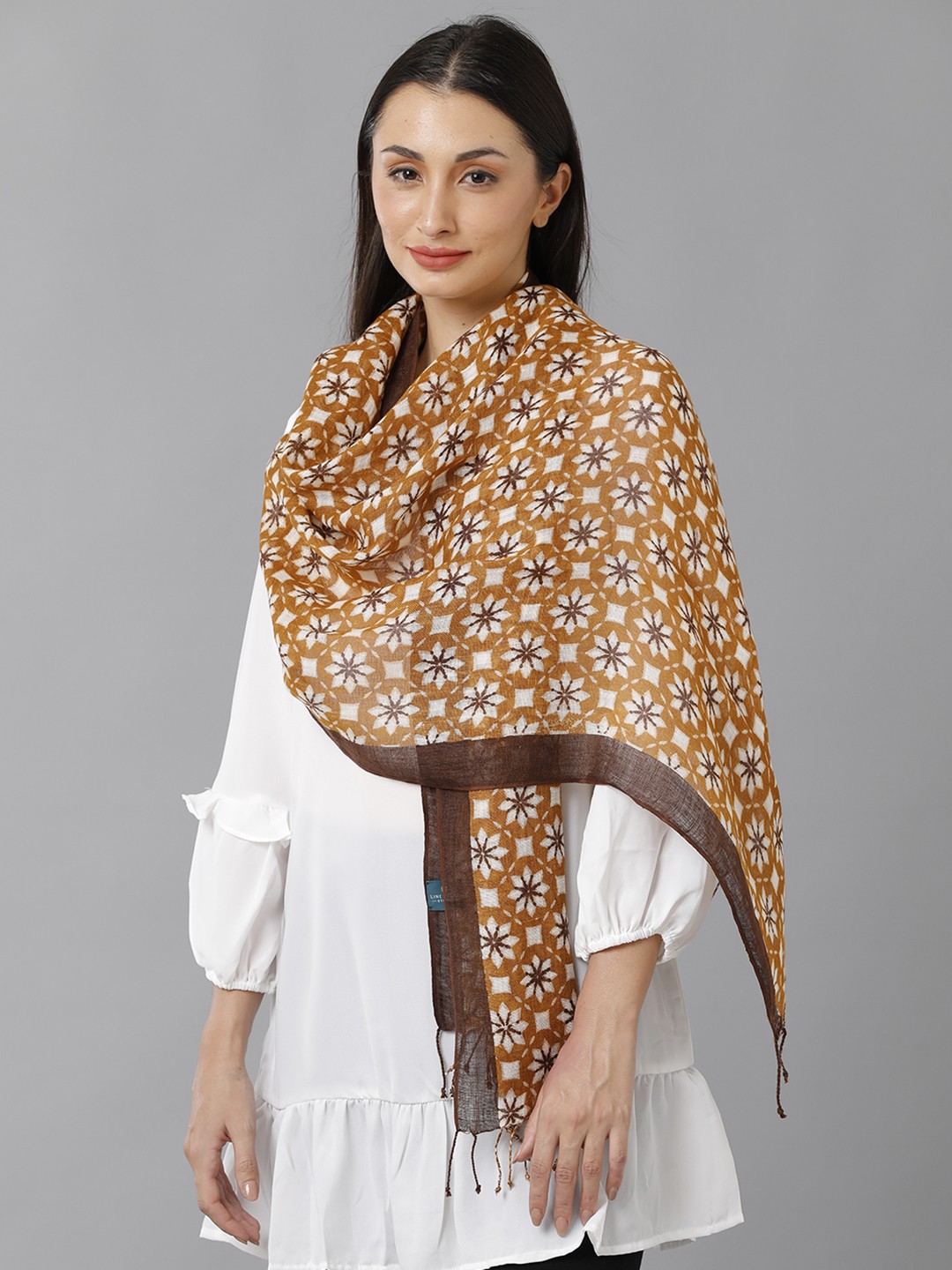 

Linen Club Men Floral Printed Pure Linen Stole, Brown