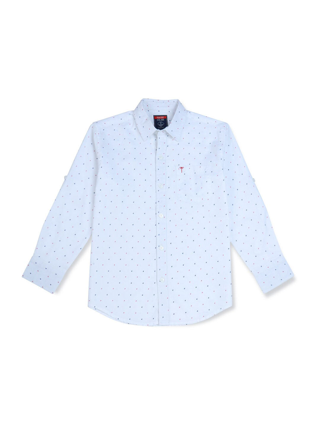 

Palm Tree Boys Micro Ditsy Printed Roll-Up Sleeve Cotton Casual Shirt, White