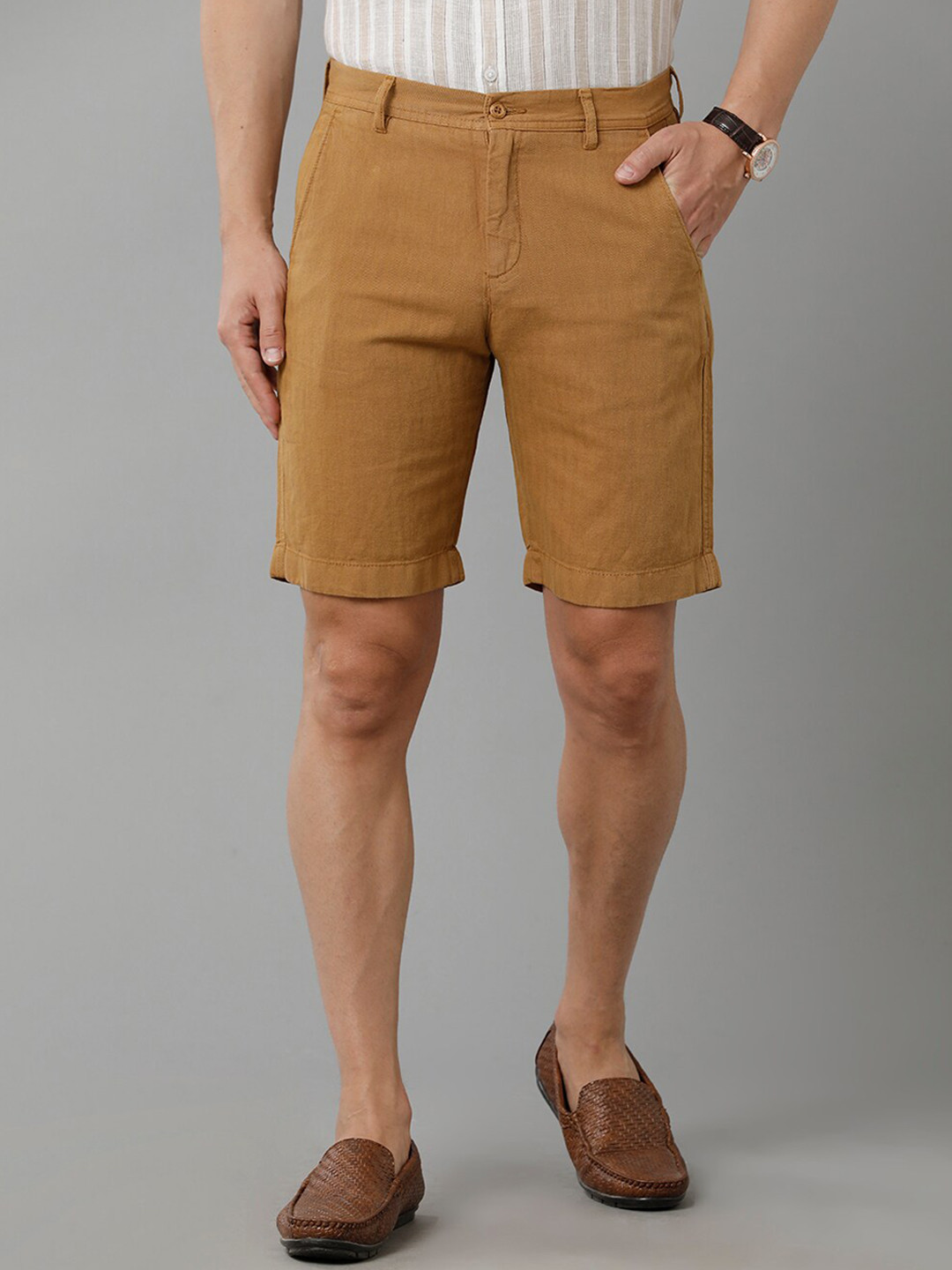 

Linen Club Men Mid-Rise Slim Fit Linen Chino Shorts, Brown