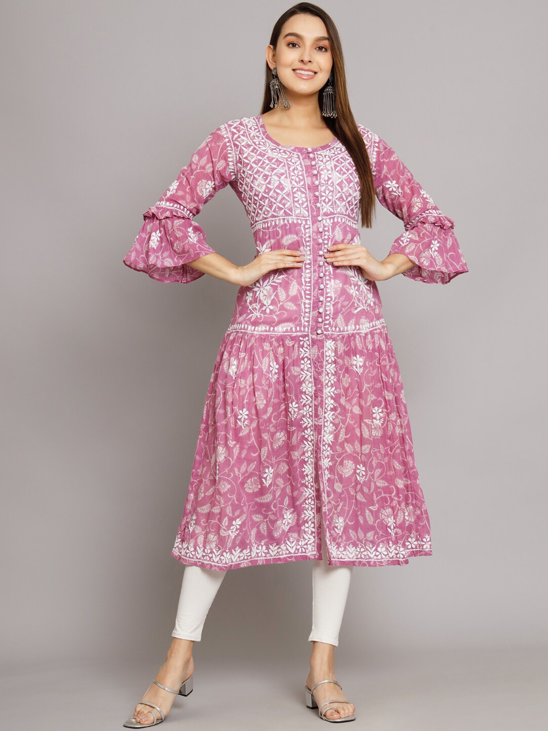 

PARAMOUNT CHIKAN Floral Chikankari Embroidered Cotton A-Line Kurta, Mauve