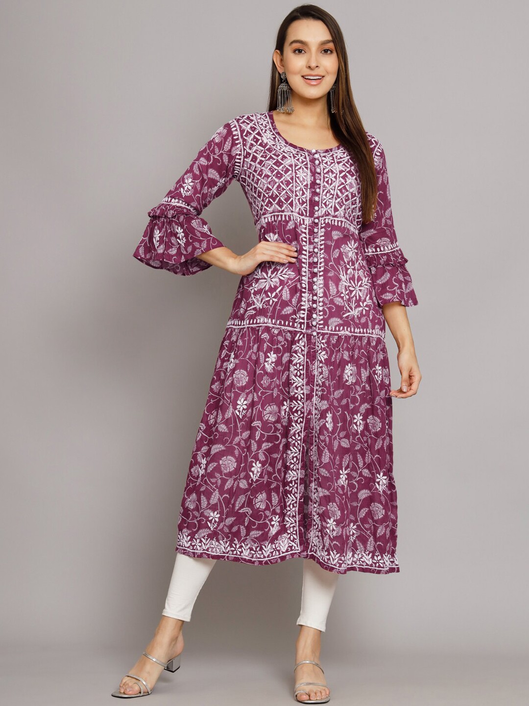 

PARAMOUNT CHIKAN Floral Chikankari Embroidered Cotton A-Line Kurta, Maroon
