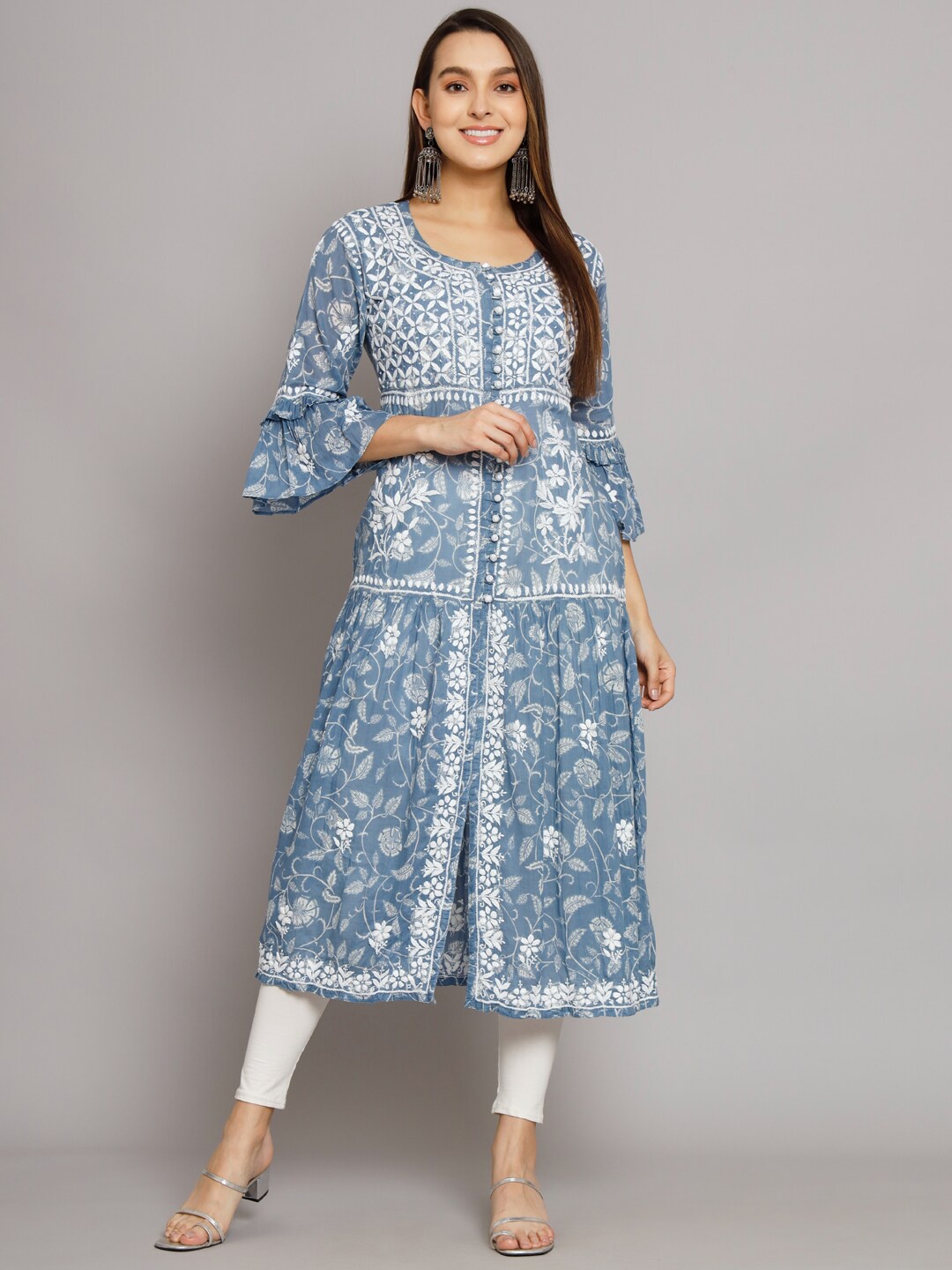 

PARAMOUNT CHIKAN Floral Chikankari Embroidered Cotton A-Line Kurta, Blue