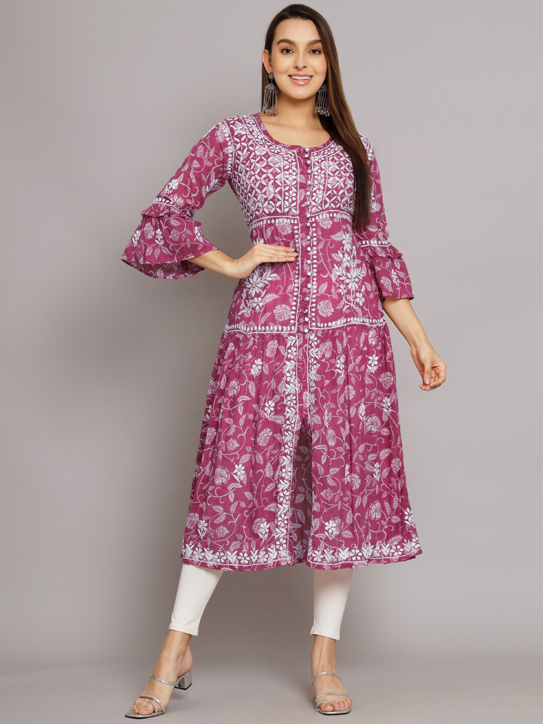 

PARAMOUNT CHIKAN Floral Chikankari Embroidered Cotton A-Line Kurta, Pink