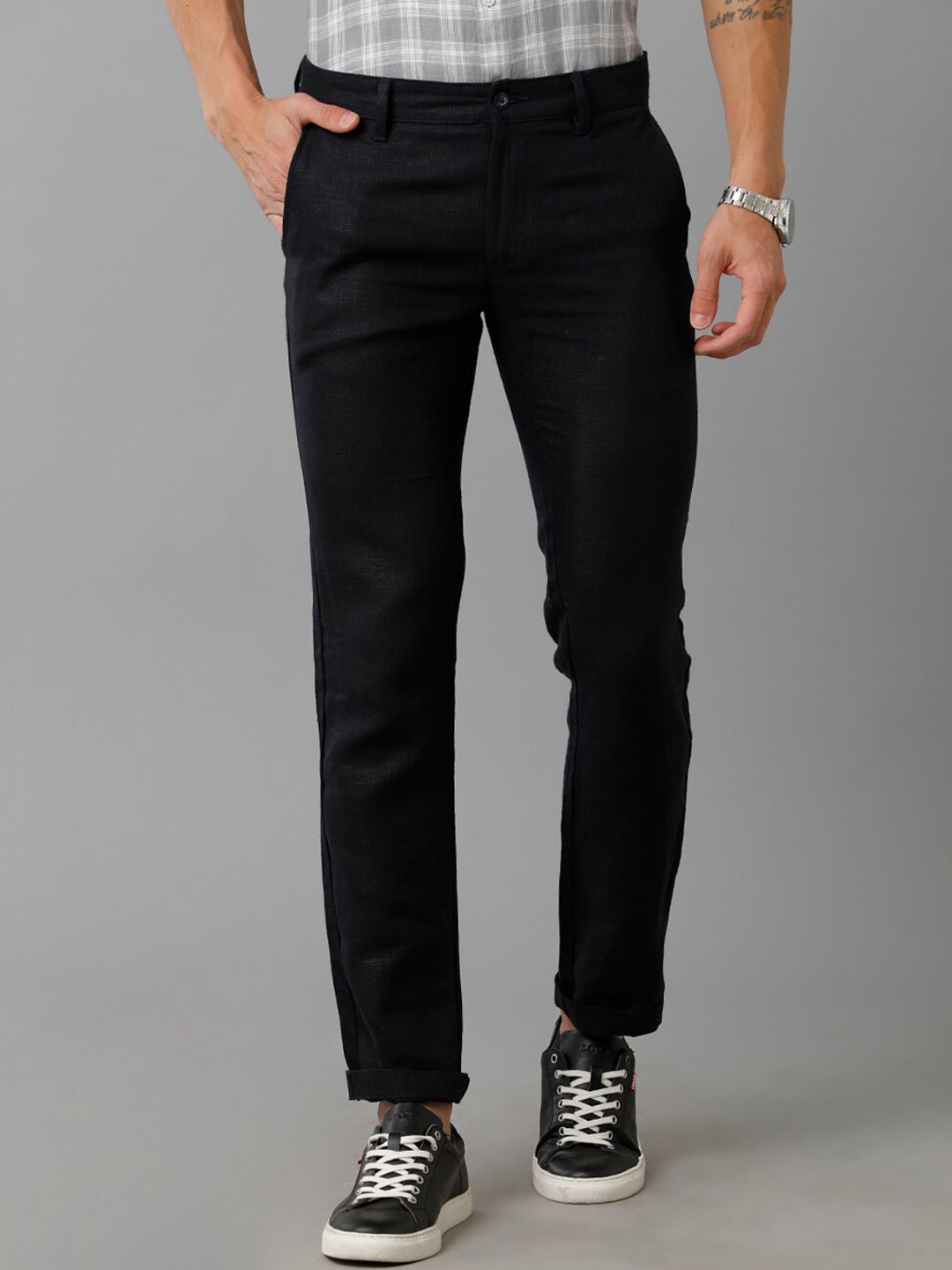 

Linen Club Men Mid Rise Slim Fit Pure Linen Chinos, Blue
