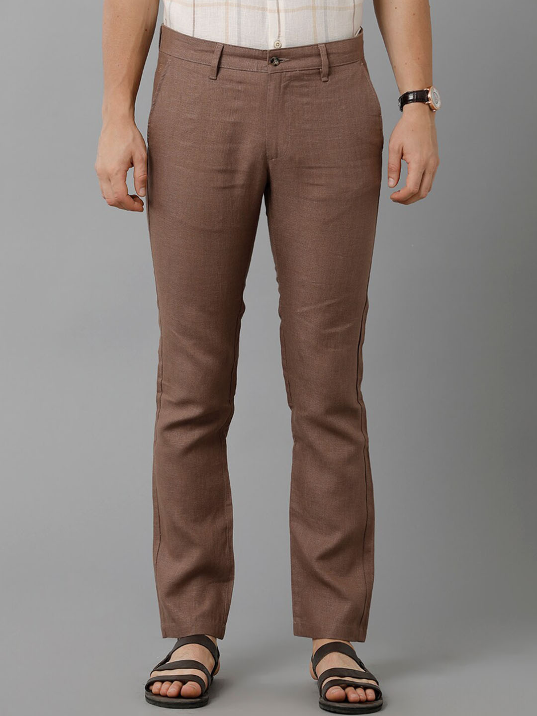 

Linen Club Men Slim Fit Mid-Rise Linen Trousers, Brown