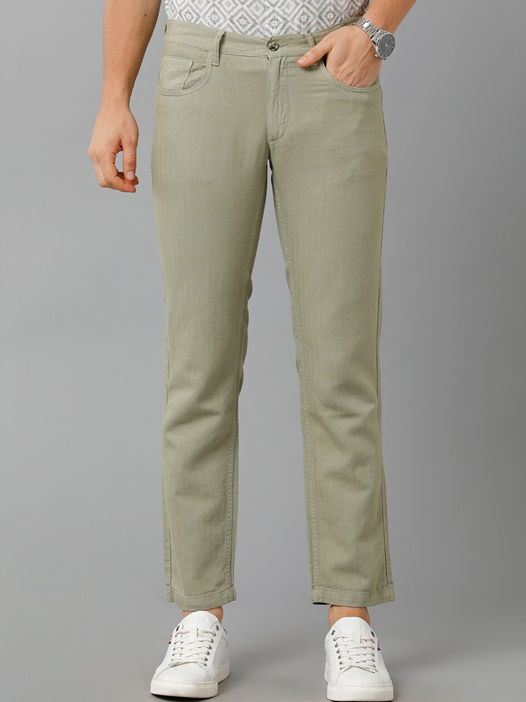 

Linen Club Slim Fit Mid-Rise Pure Linen Trousers, Green