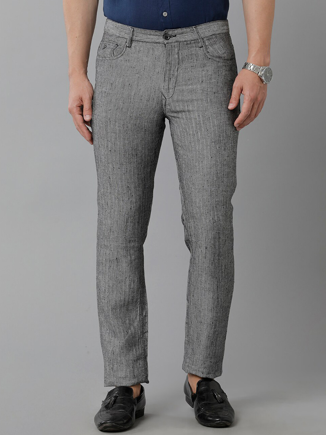 

Linen Club Men Slim Fit Linen Formal Trousers, Grey