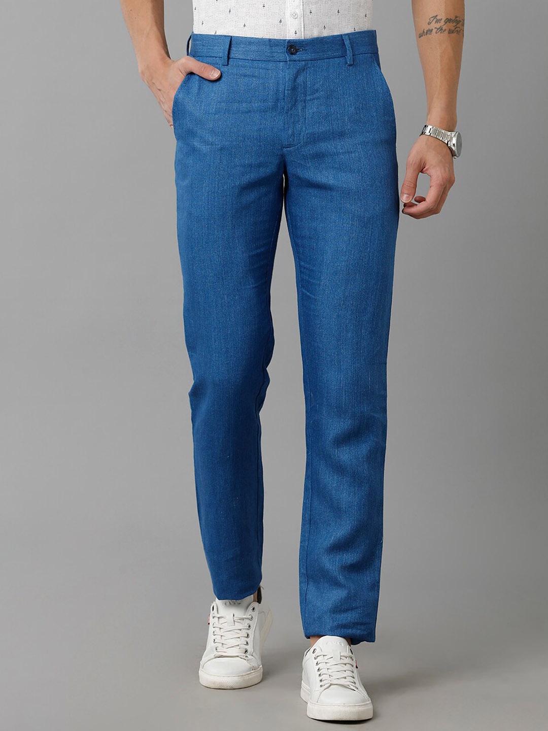 

Linen Club Men Mid-Rise Slim Fit Pure Linen Trousers, Blue