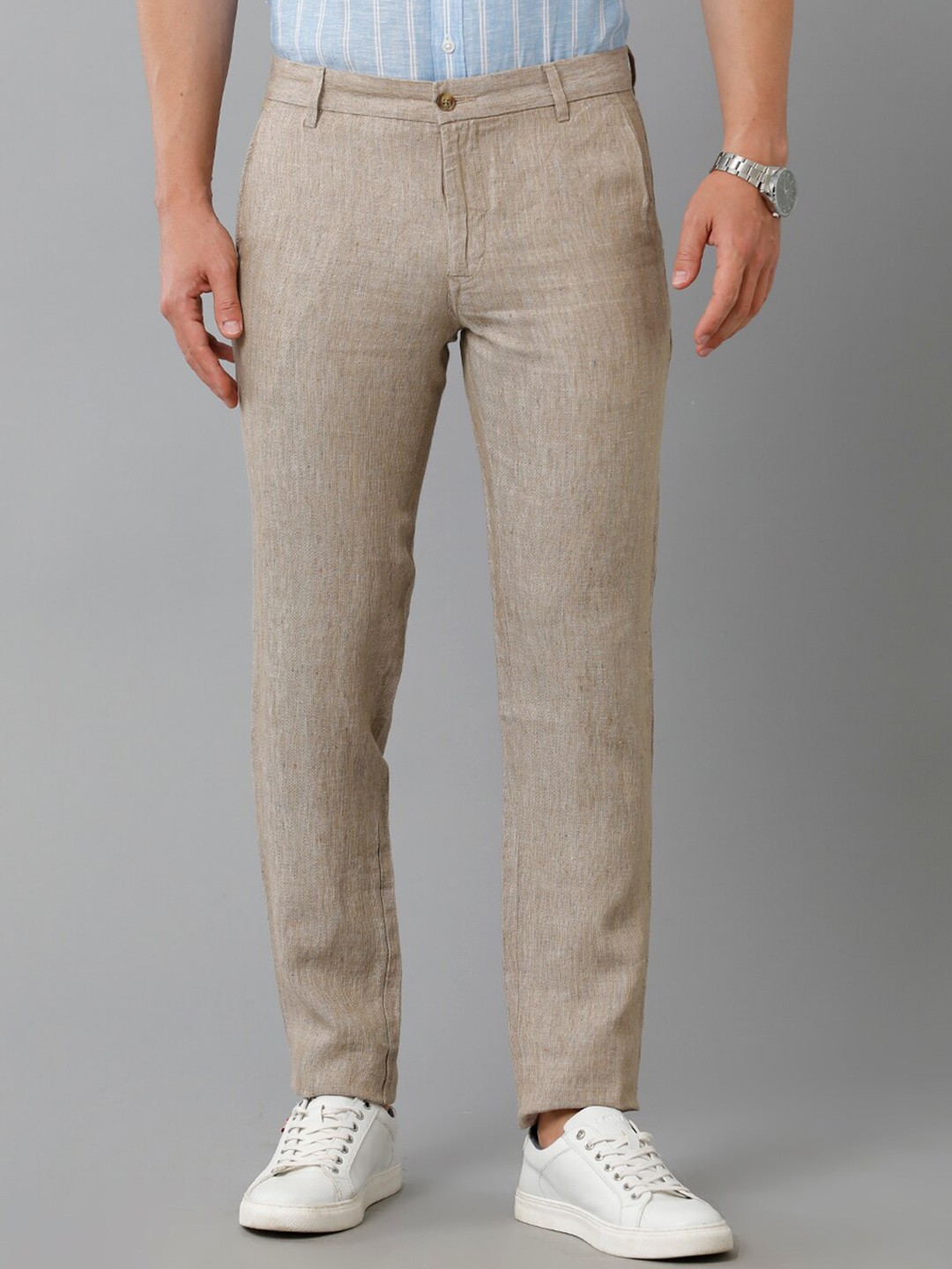 

Linen Club Men Slim Fit Mid-Rise Linen Trousers, Beige