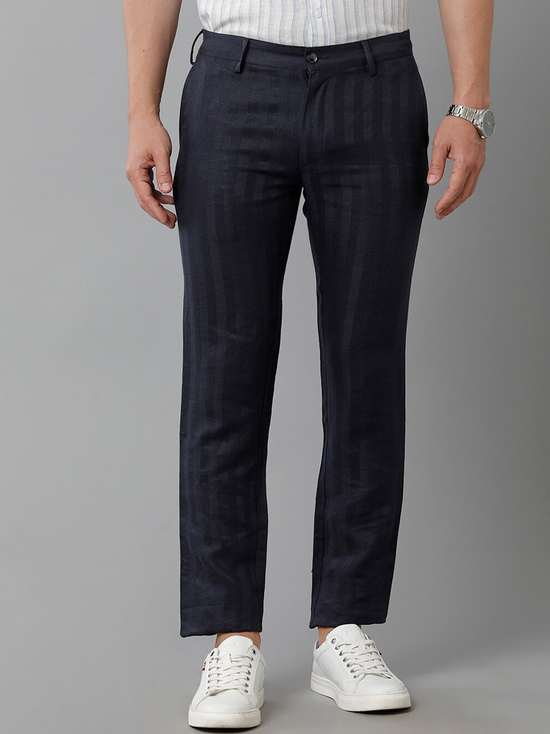 

Linen Club Men Vertical Striped Mid Rise Slim Fit Pure Linen Chinos, Blue