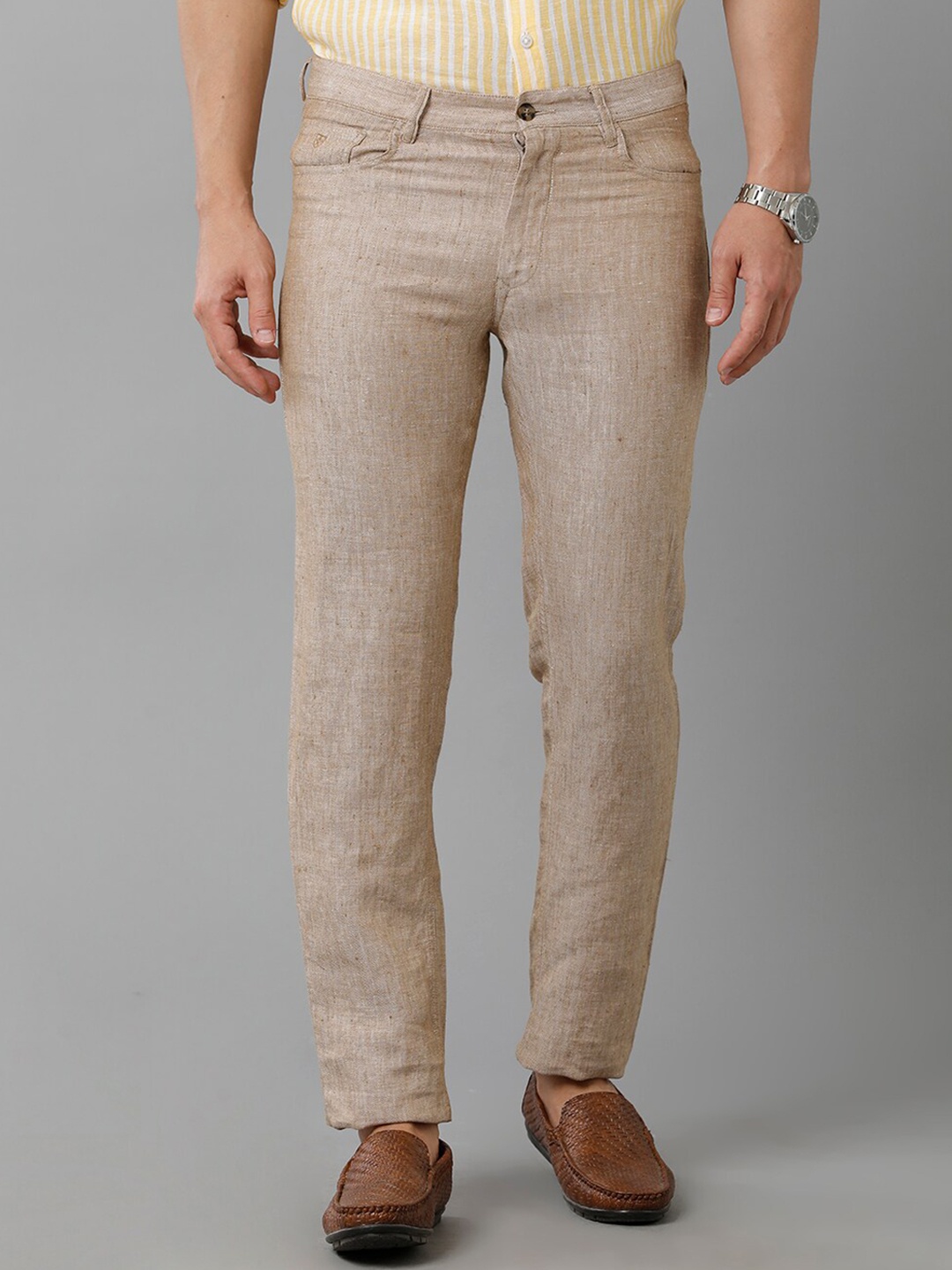 

Linen Club Men Textured Slim Fit Pure Linen Trousers, Beige