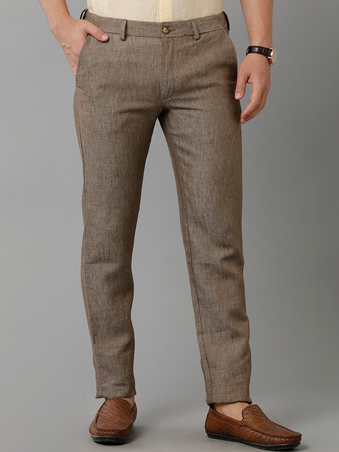 

Linen Club Men Mid Rise Plain Knitted Pure Linen Slim Fit Trousers, Brown