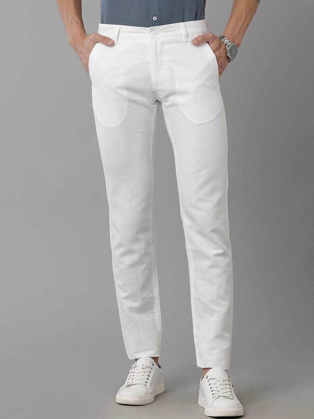 

Linen Club Men Mid-Rise Plain Slim Fit Linen Trousers, White
