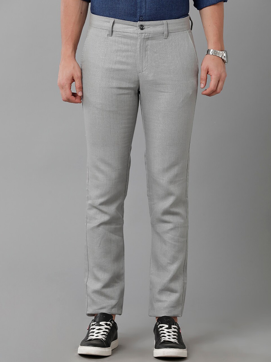 

Linen Club Men Slim Fit Mid-Rise Pure Linen Trousers, Grey