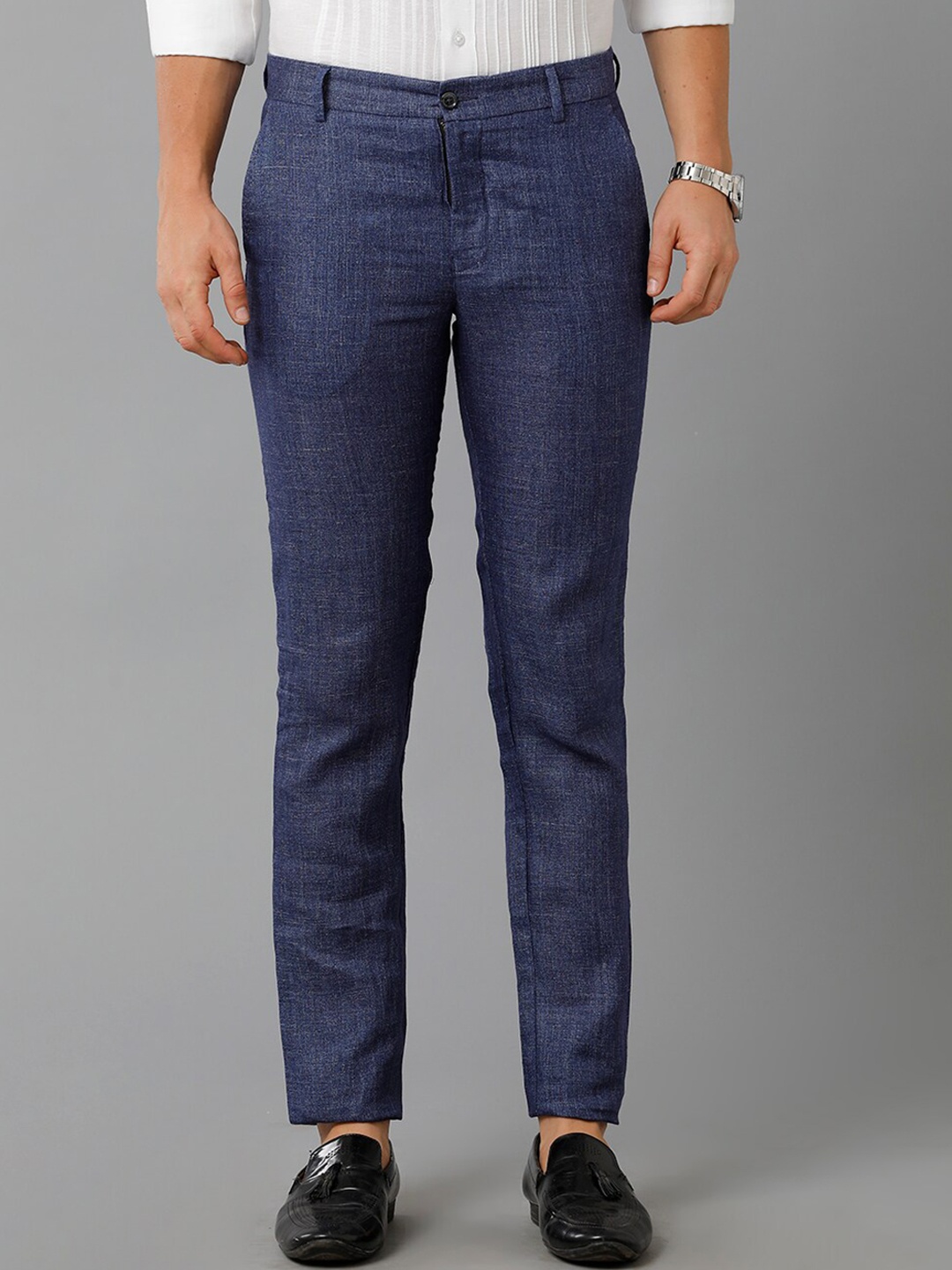 

Linen Club Men Slim Fit Mid-Rise Linen Trousers, Blue