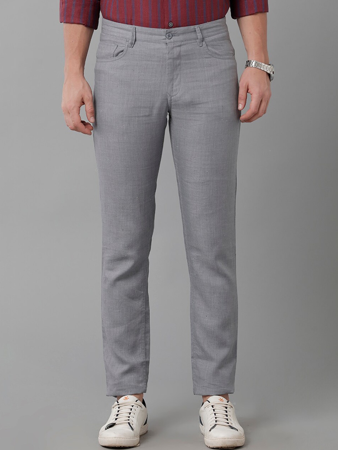 

Linen Club Men Mid Rise Plain Knitted Pure Linen Slim Fit Trousers, Grey