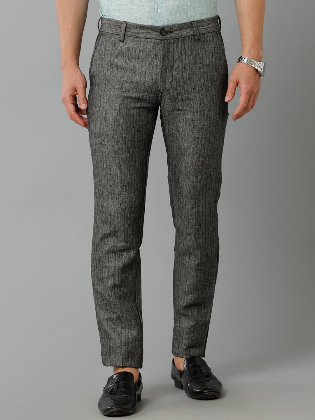 

Linen Club Men Slim Fit Linen Formal Trousers, Grey