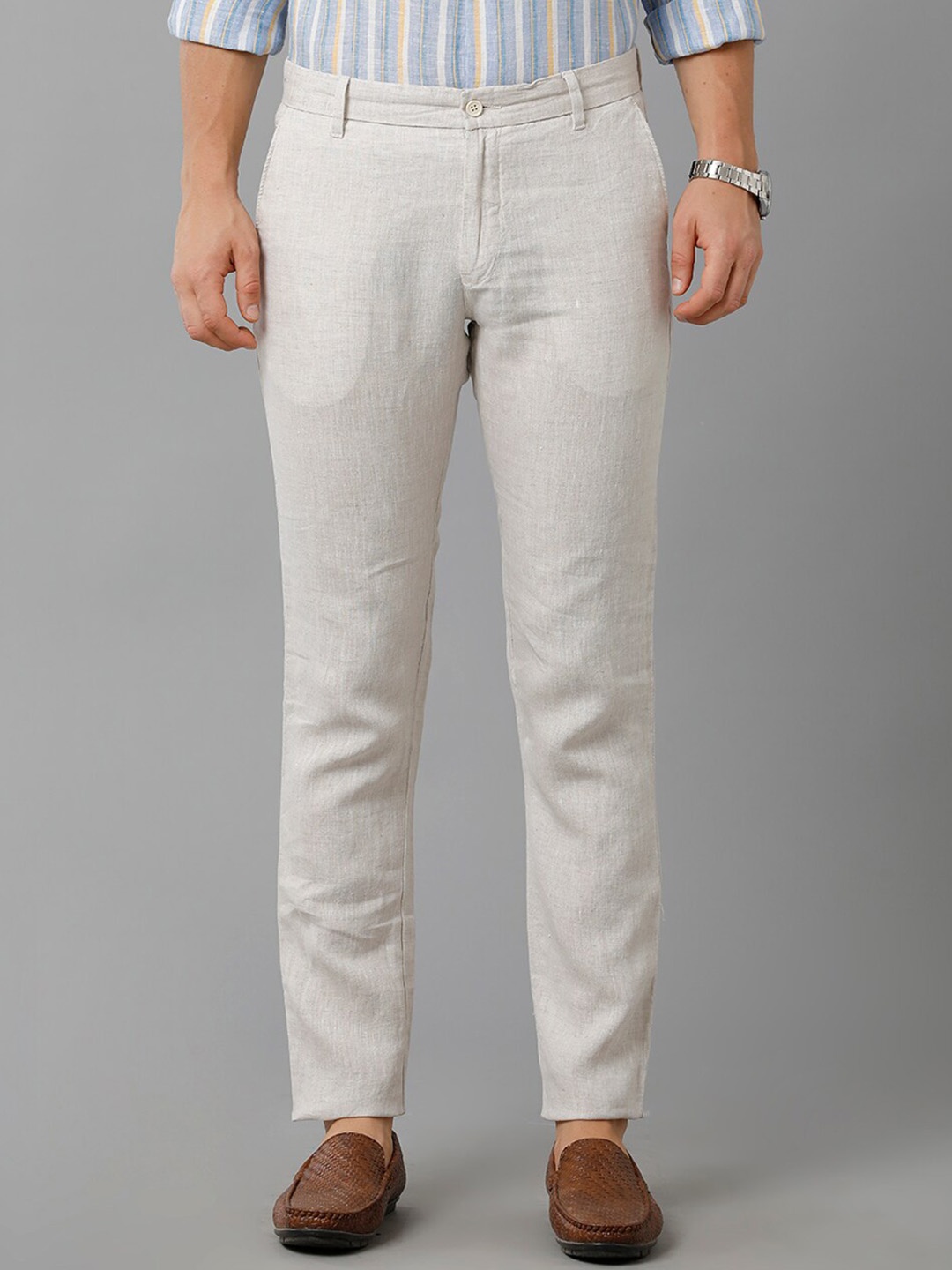 

Linen Club Men Slim Fit Mid-Rise Pure Linen Trousers, Off white