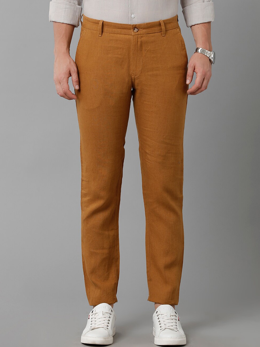 

Linen Club Men Slim Fit Mid-Rise Pure Linen Trousers, Brown