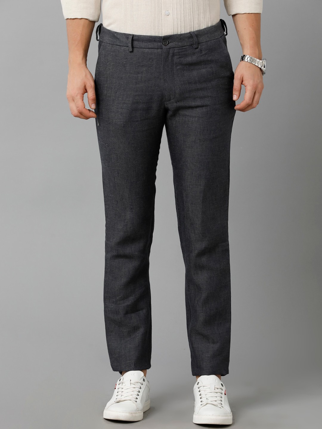 

Linen Club Men Self Design Mid Rise Slim Fit Linen Trousers, Black