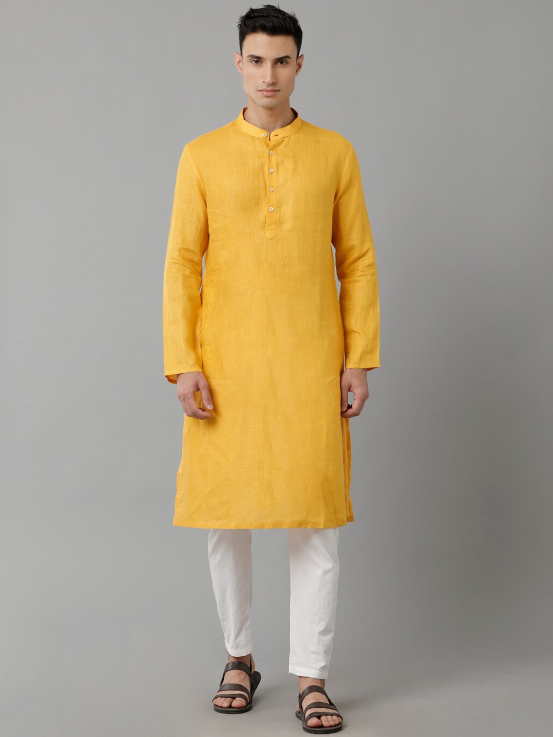 

Linen Club Mandarin Collar Pure Linen Kurta, Yellow