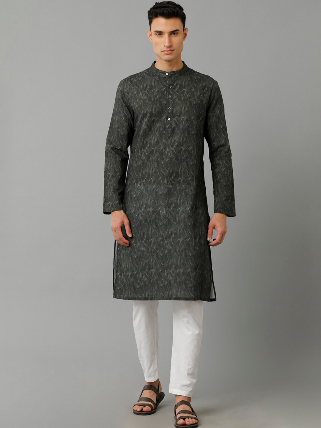 

Linen Club Floral Printed Pure Linen Kurta, Olive