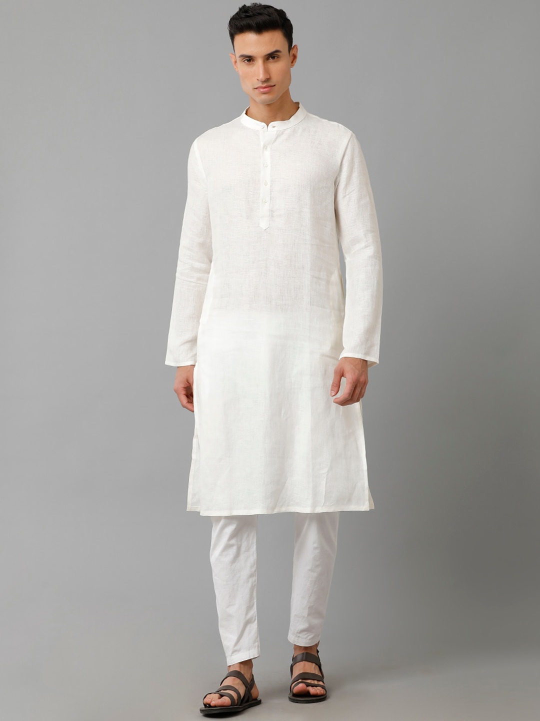 

Linen Club Mandarin Collar Pure Linen Kurta, White
