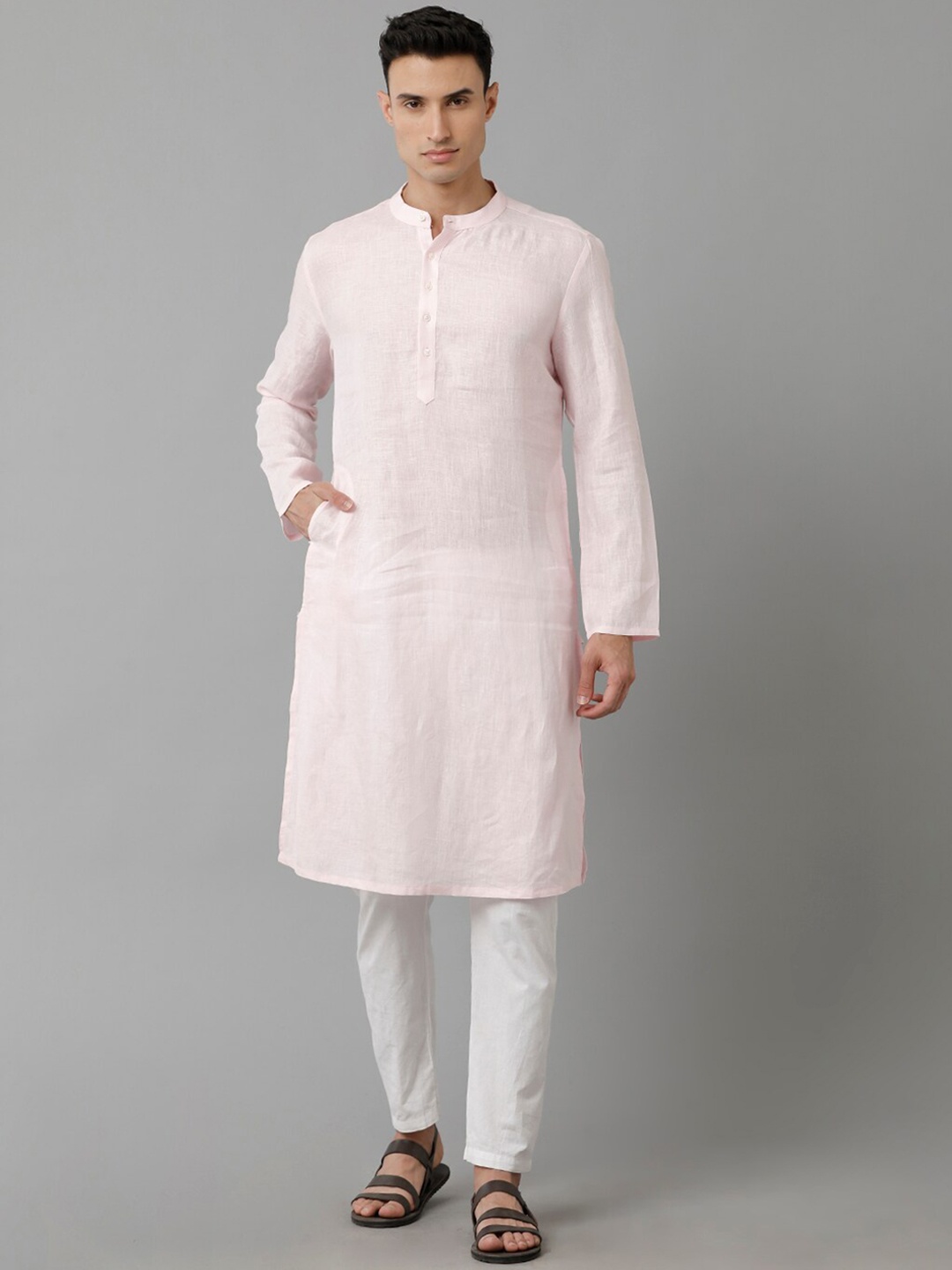 

Linen Club Mandarin Collar Pure Linen Kurta, Pink