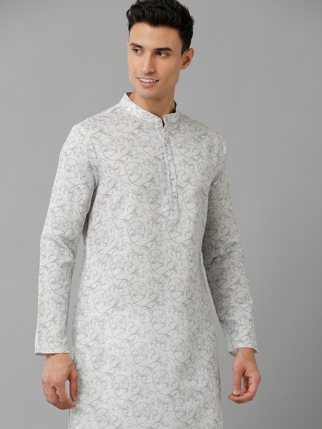 

Linen Club Floral Printed Pure Linen Kurta, Grey