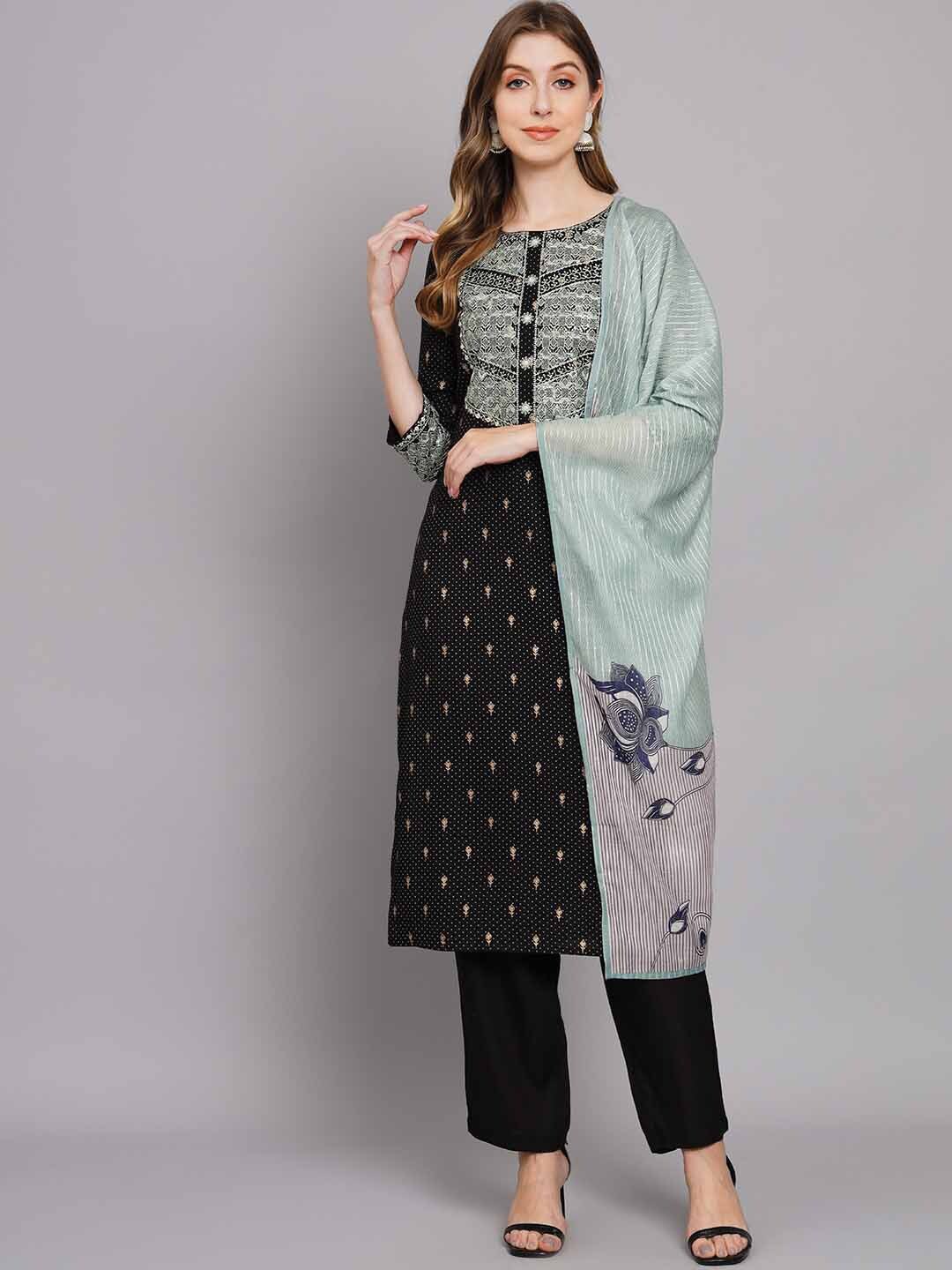 

Nehamta Ethnic Motifs Printed Sequinned Kurta With Trousers & Dupatta, Black
