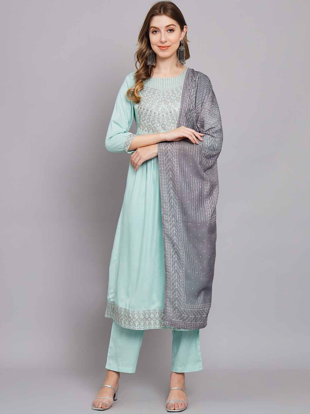 

Nehamta Ethnic Motif Yoke Design Sequinned A-Line Kurta With Trousers & Dupatta, Sea green