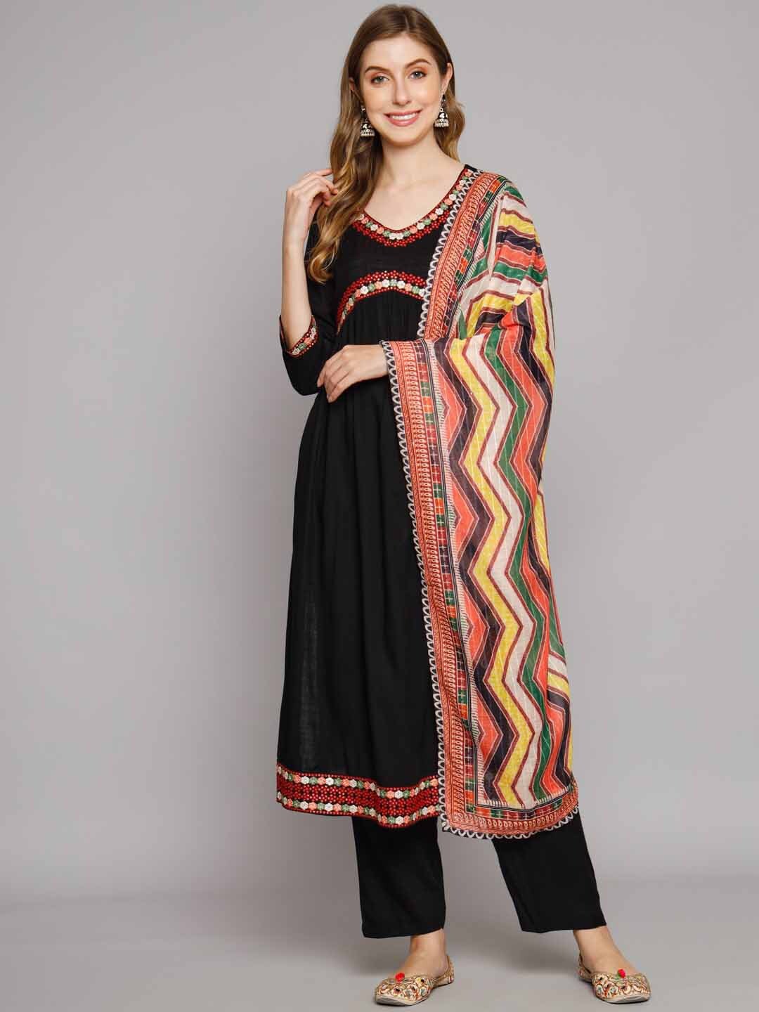 

Nehamta Floral Yoke Design Sequinned A-Line Kurta With Trousers & Dupatta, Black