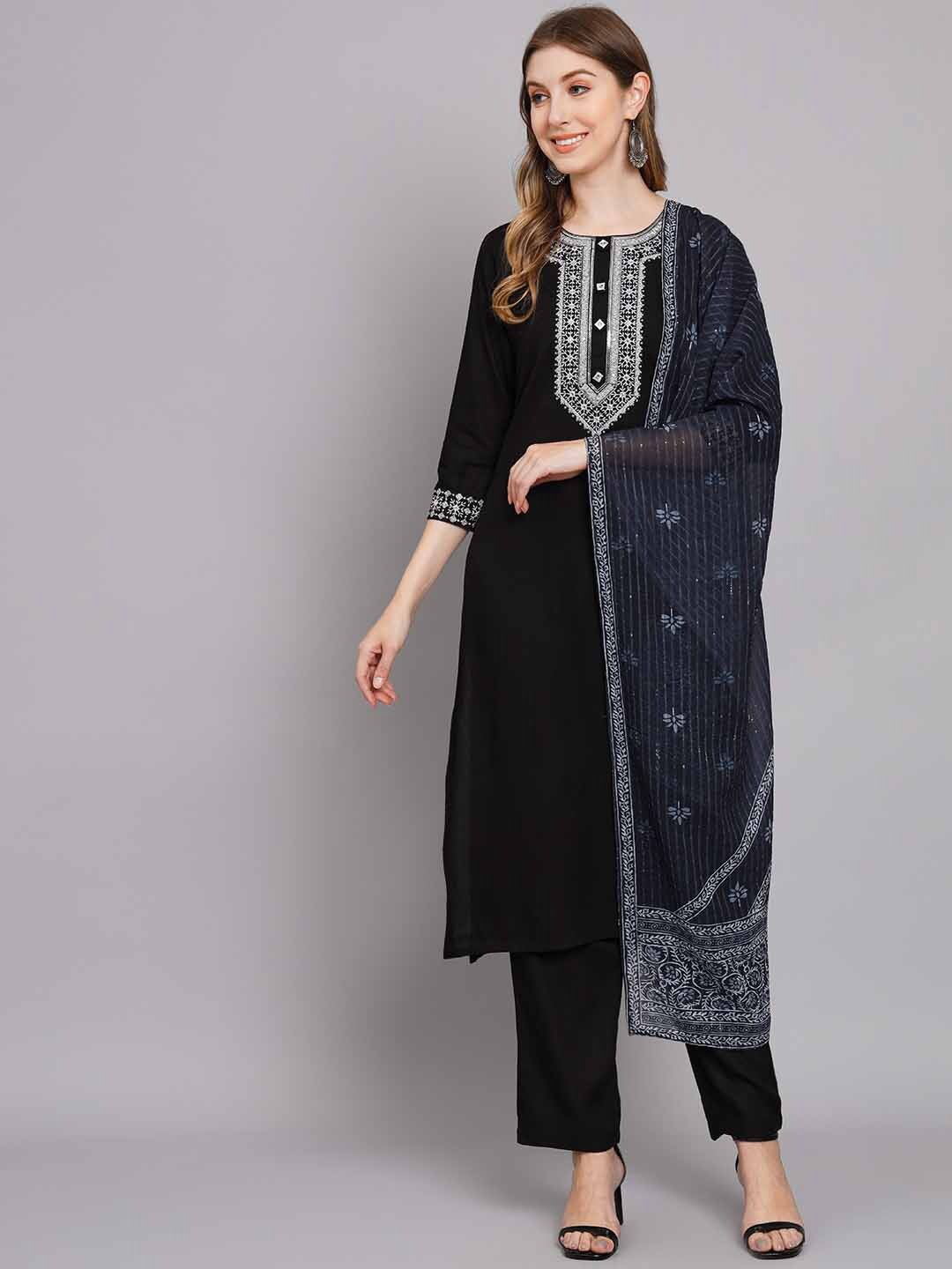 

Nehamta Ethnic Motifs Yoke Design Thread Work Kurta With Trousers & Dupatta, Black