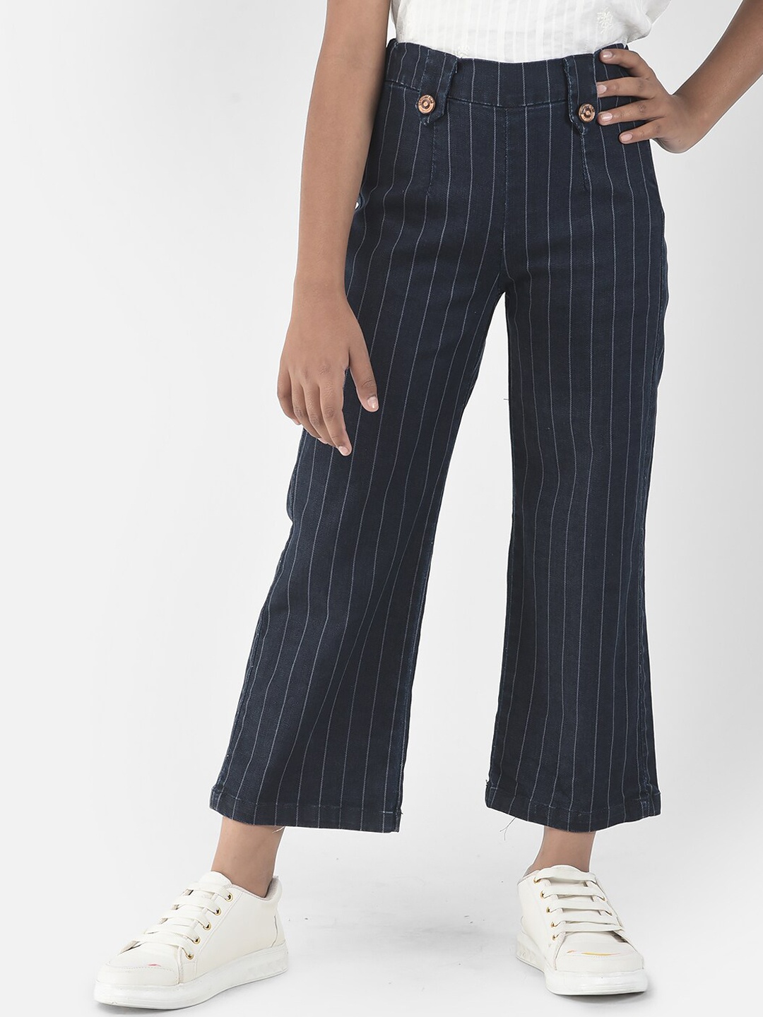 

Crimsoune Club Girls Navy Blue Striped Mid-Rise Stretchable Wide Leg Jeans