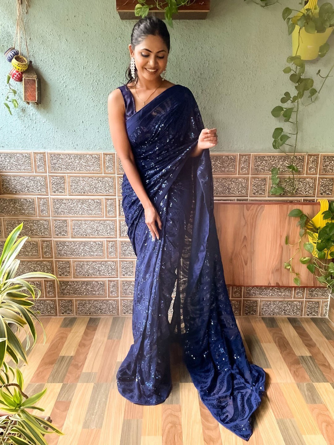

Mitera Blue Embellished Sequinned Saree