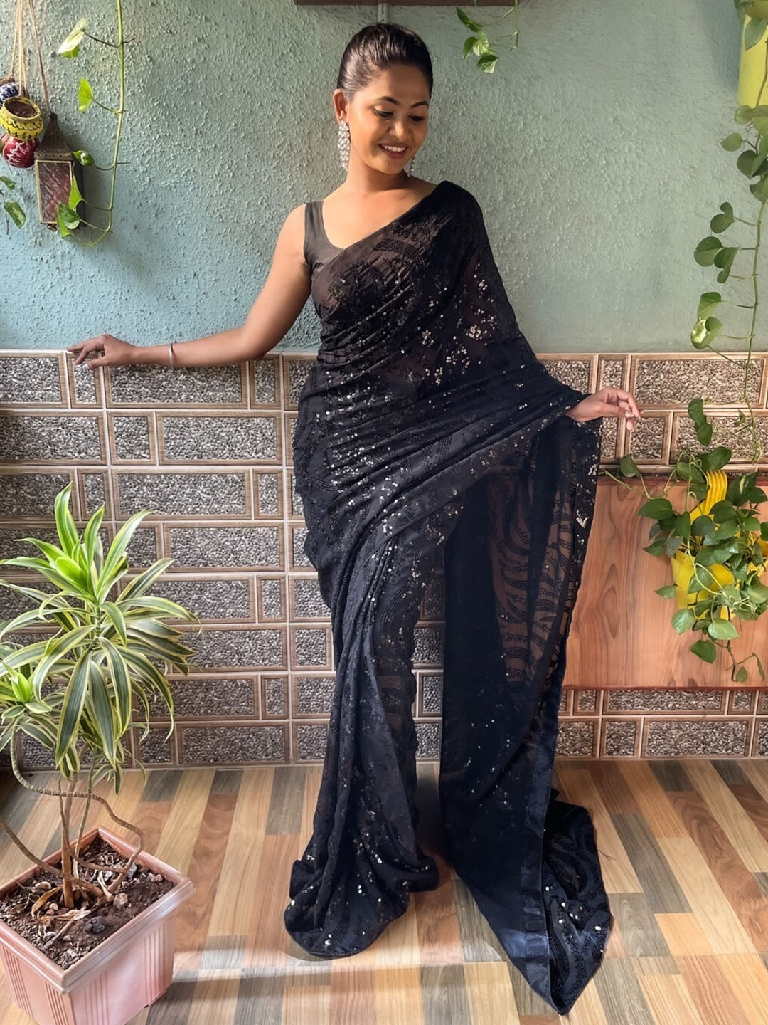 

Mitera Sequinned Poly Georgette Saree, Black