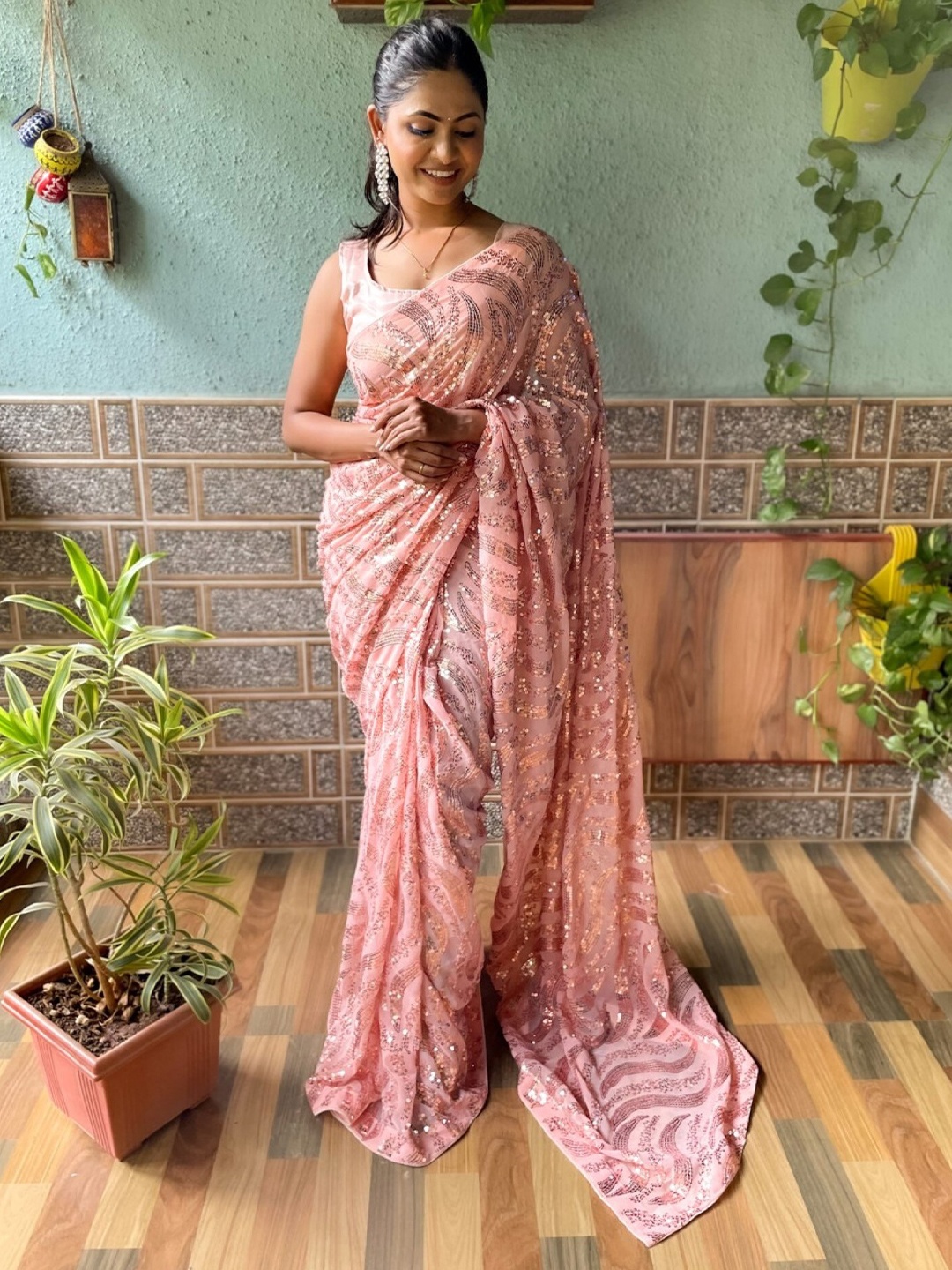 

Mitera Sequinned Embellished Poly Georgette Saree, Peach