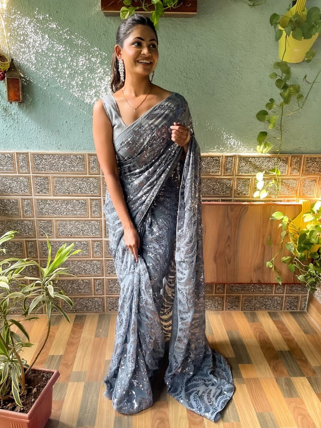 

Mitera Grey Embellished Sequinned Saree
