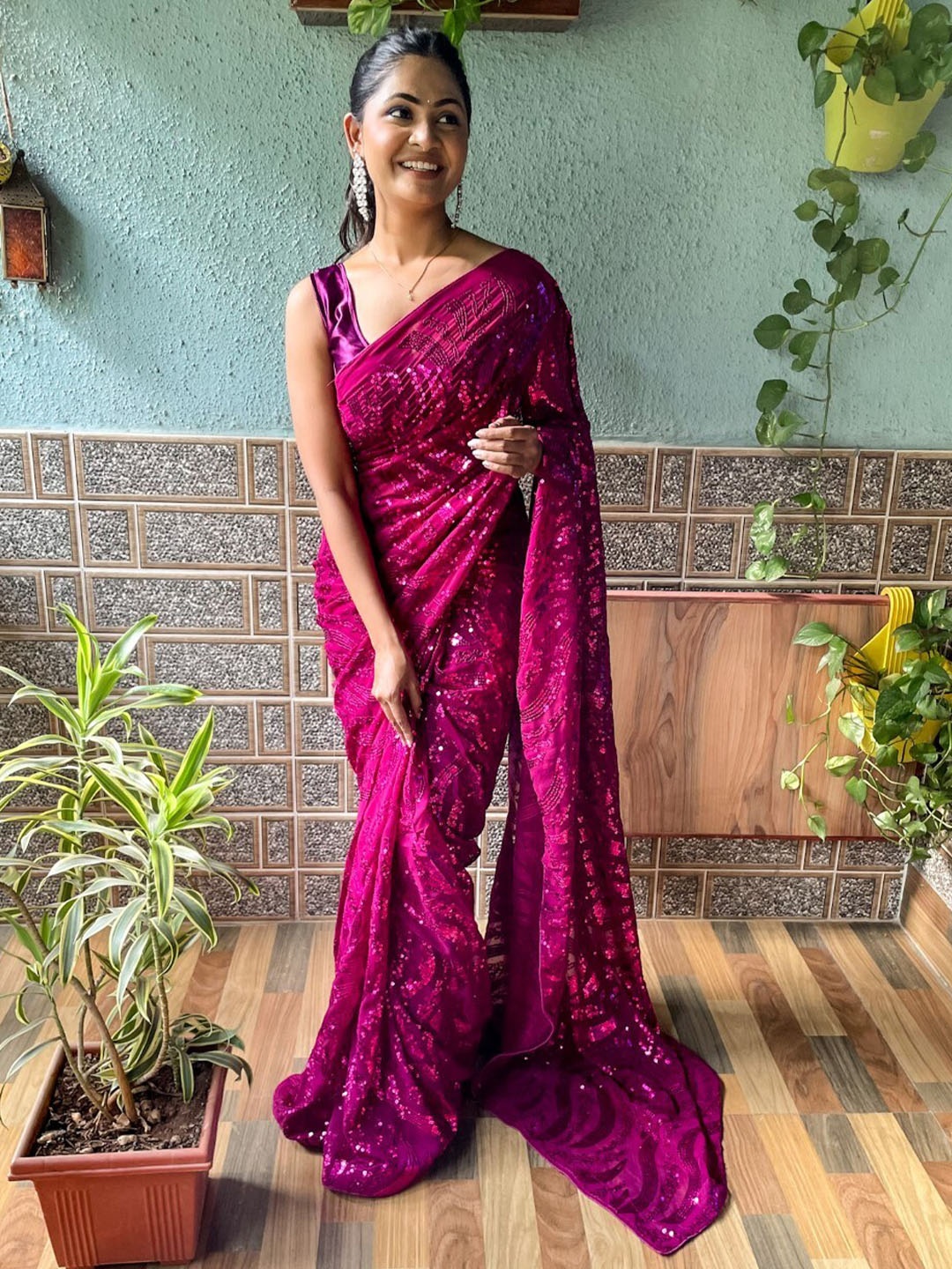 

Mitera Purple Sequinned Poly Georgette Saree