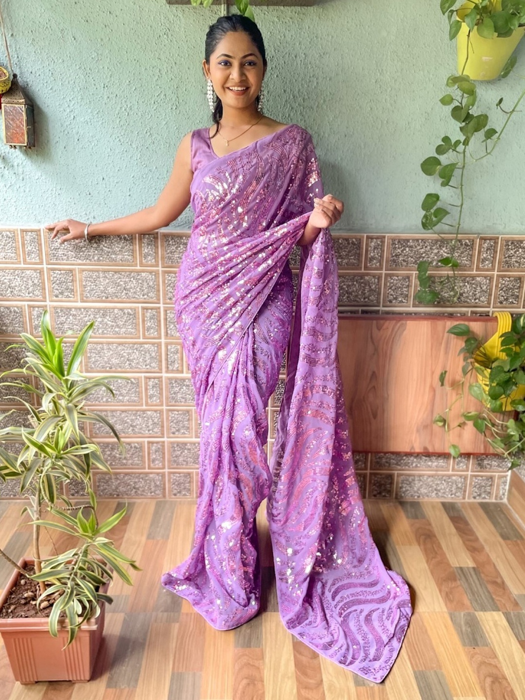 

Mitera Sequin Embellished Saree, Lavender