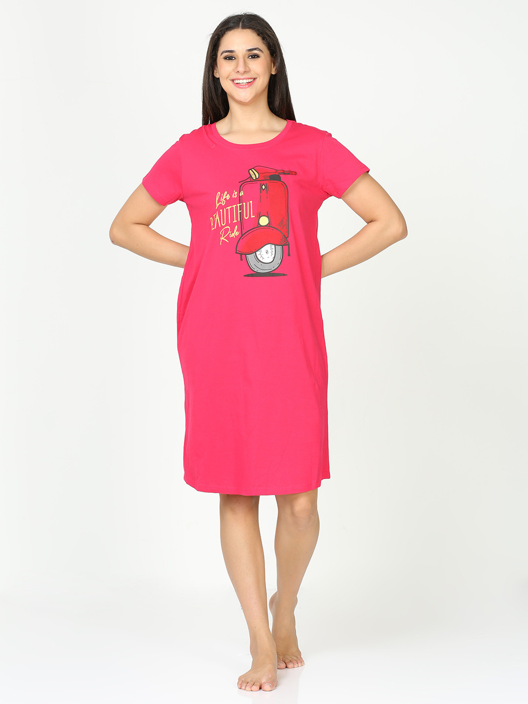 

9shines Label Graphic Printed Pure Cotton Nightdress, Pink