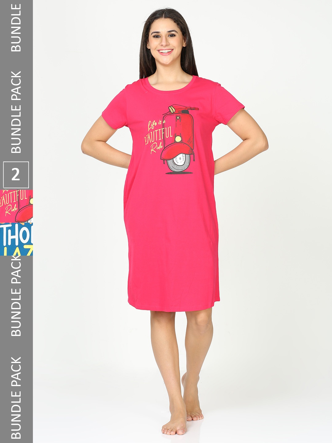 

9shines Label Pack Of 2 Graphic Printed Pure Cotton Nightdress, Pink