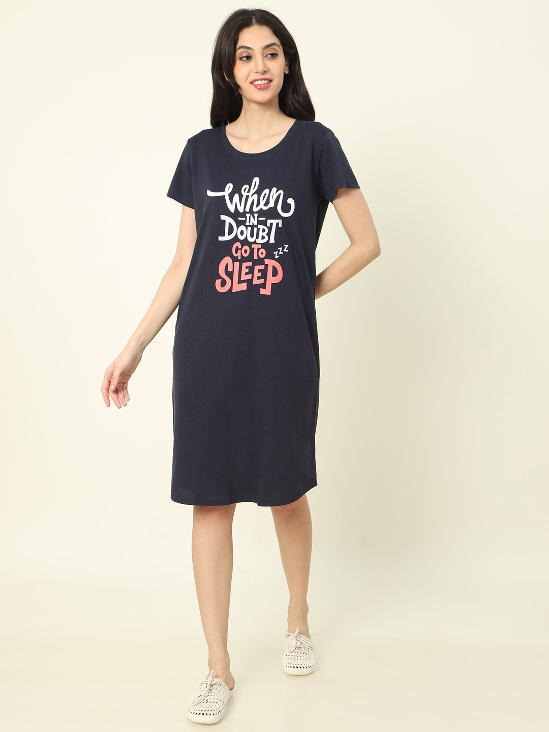 

9shines Label Typography Printed Pure Cotton Nightdress, Navy blue