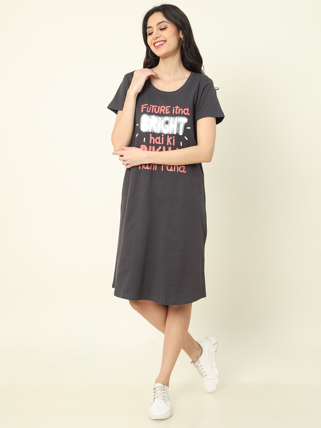 

9shines Label Typography Printed Pure Cotton Nightdress, Grey