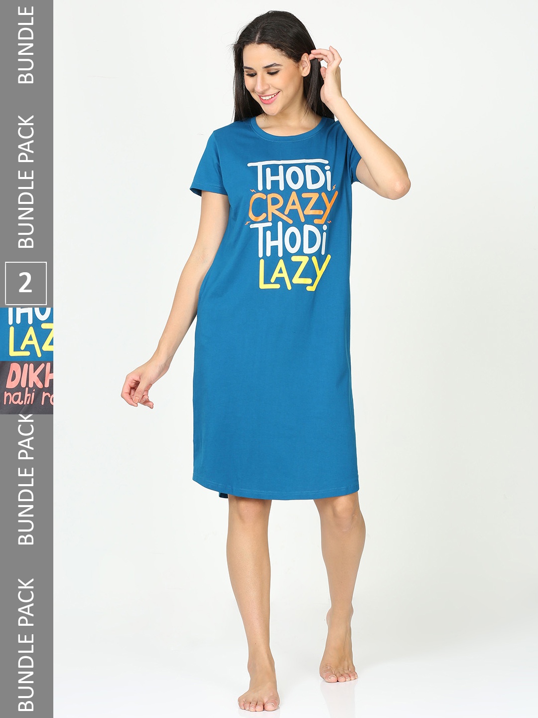 

9shines Label Pack Of 2 Women Hosiery Cotton Graphic Printed Short Nightdress, Blue